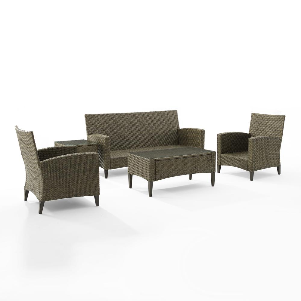 Rockport 5Pc Outdoor Wicker High Back Sofa Set Oatmeal/Light Brown - Sofa, Coffee Table, Side Table, & 2 Armchairs. Picture 1