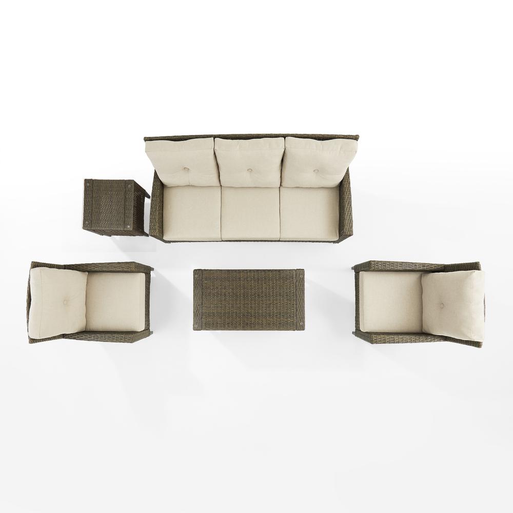Rockport 5Pc Outdoor Wicker High Back Sofa Set Oatmeal/Light Brown - Sofa, Coffee Table, Side Table, & 2 Armchairs. Picture 10