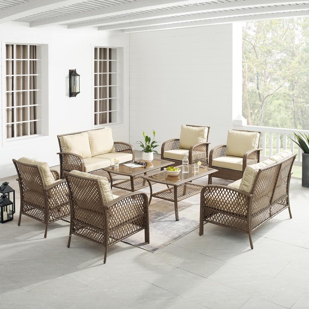 Tribeca 8Pc Outdoor Wicker Conversation Set Sand/Driftwood - 2 Loveseats, 4 Armchairs, & 2 Coffee Tables. Picture 1