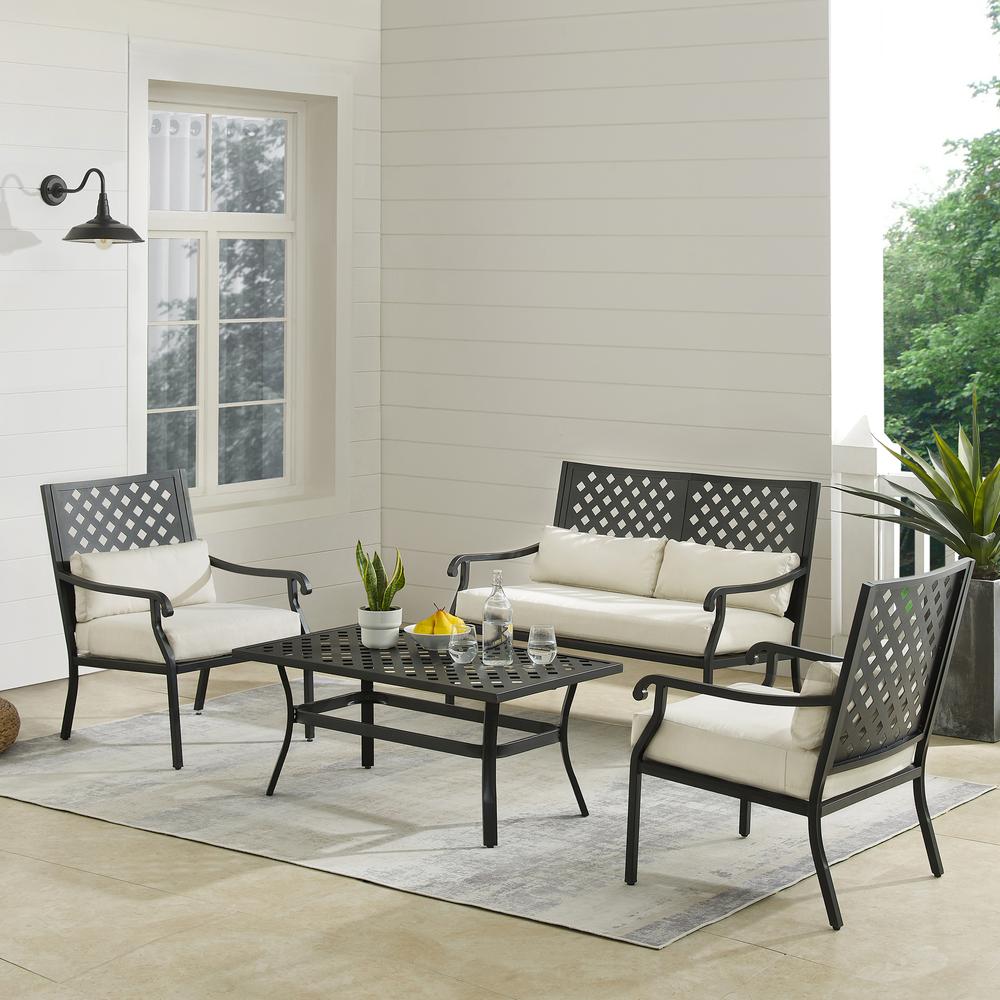 Alistair 4Pc Outdoor Metal Conversation Set Creme/Matte Black - Loveseat, Coffee Table, & 2 Armchairs. Picture 2