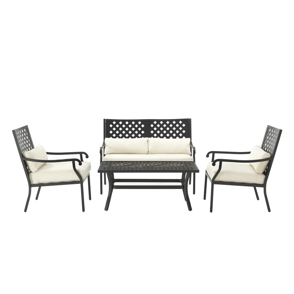 Alistair 4Pc Outdoor Metal Conversation Set Creme/Matte Black - Loveseat, Coffee Table, & 2 Armchairs. Picture 4