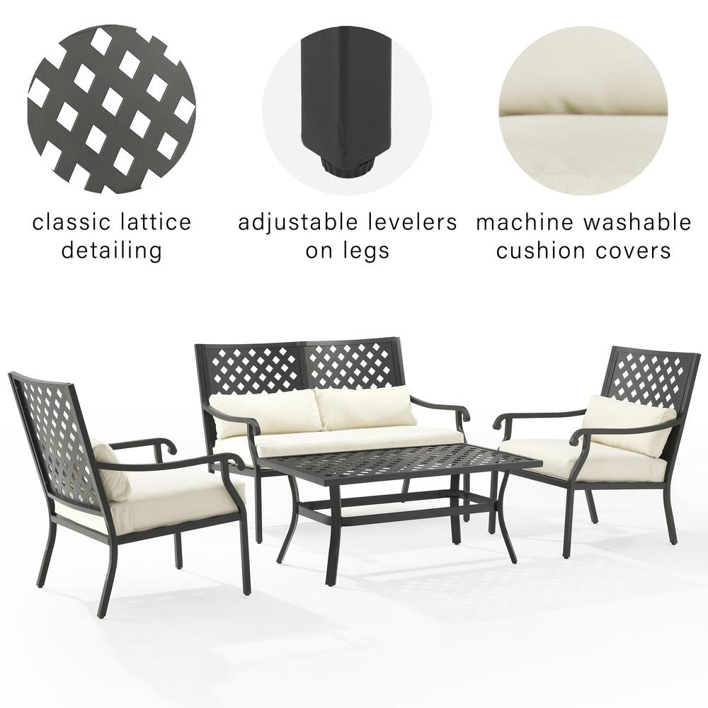 Alistair 4Pc Outdoor Metal Conversation Set Creme/Matte Black - Loveseat, Coffee Table, & 2 Armchairs. Picture 12