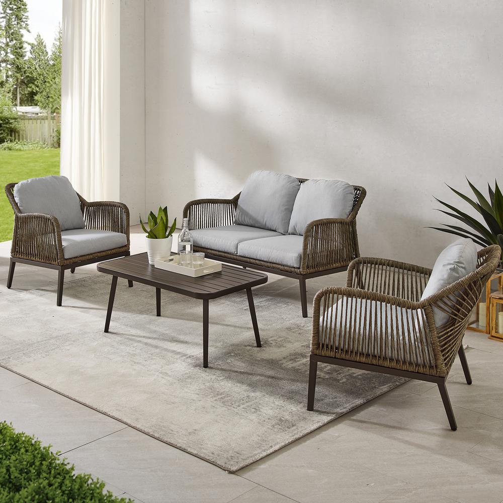 Haven 4Pc Outdoor Wicker Conversation Set Light Gray/Light Brown - Loveseat, Coffee Table, & 2 Armchairs. Picture 1