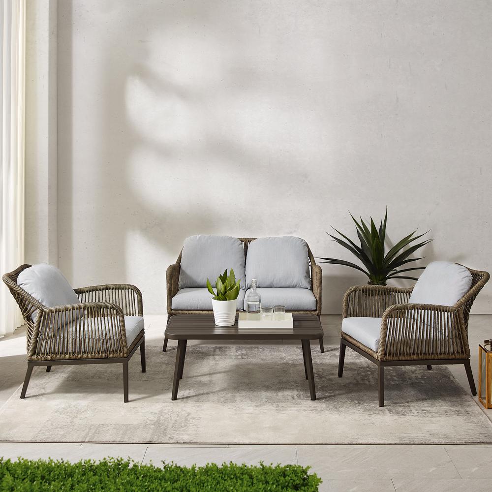 Haven 4Pc Outdoor Wicker Conversation Set Light Gray/Light Brown - Loveseat, Coffee Table, & 2 Armchairs. Picture 2