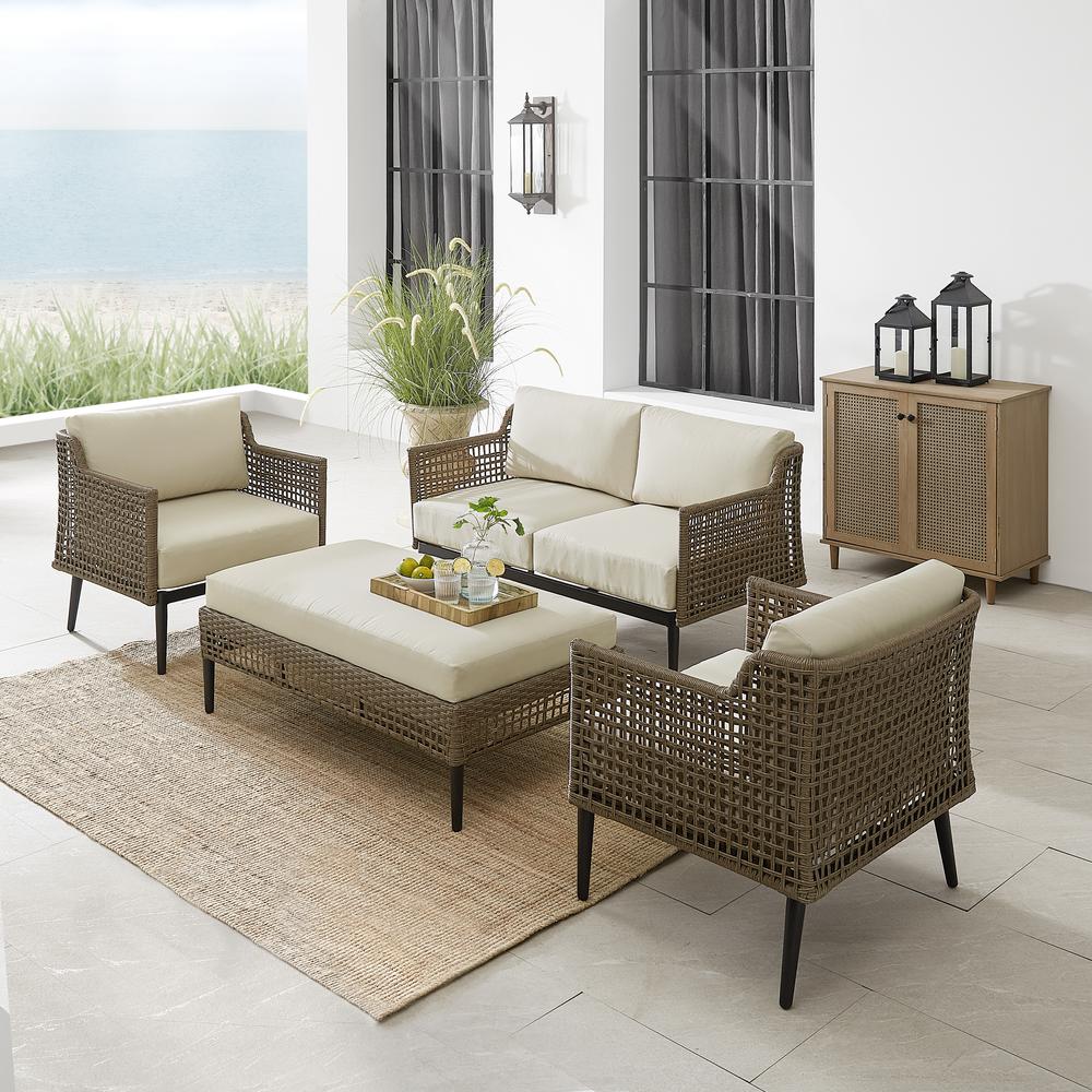Southwick 4Pc Outdoor Wicker Conversation Set Creme/ Light Brown - Loveseat, Coffee Table Ottoman, & 2 Armchairs. Picture 15