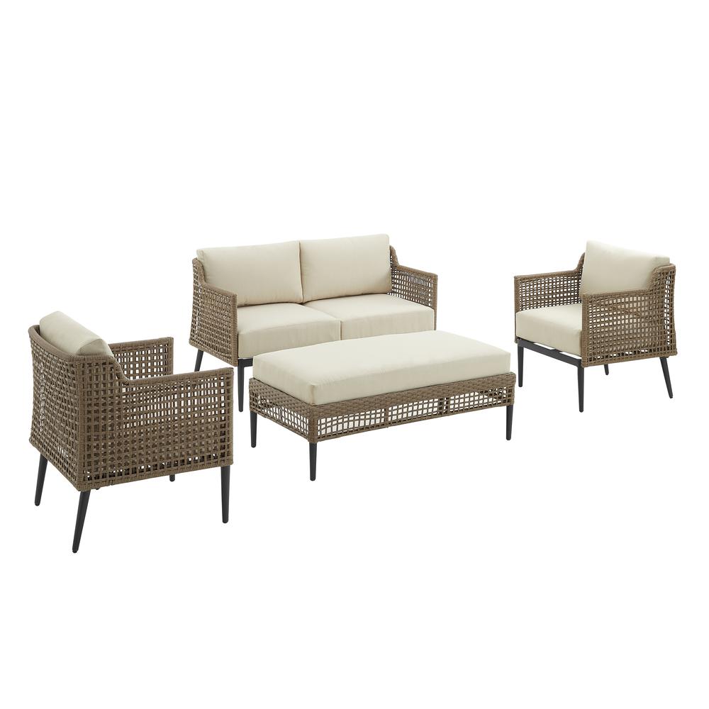 Southwick 4Pc Outdoor Wicker Conversation Set Creme/ Light Brown - Loveseat, Coffee Table Ottoman, & 2 Armchairs. Picture 13