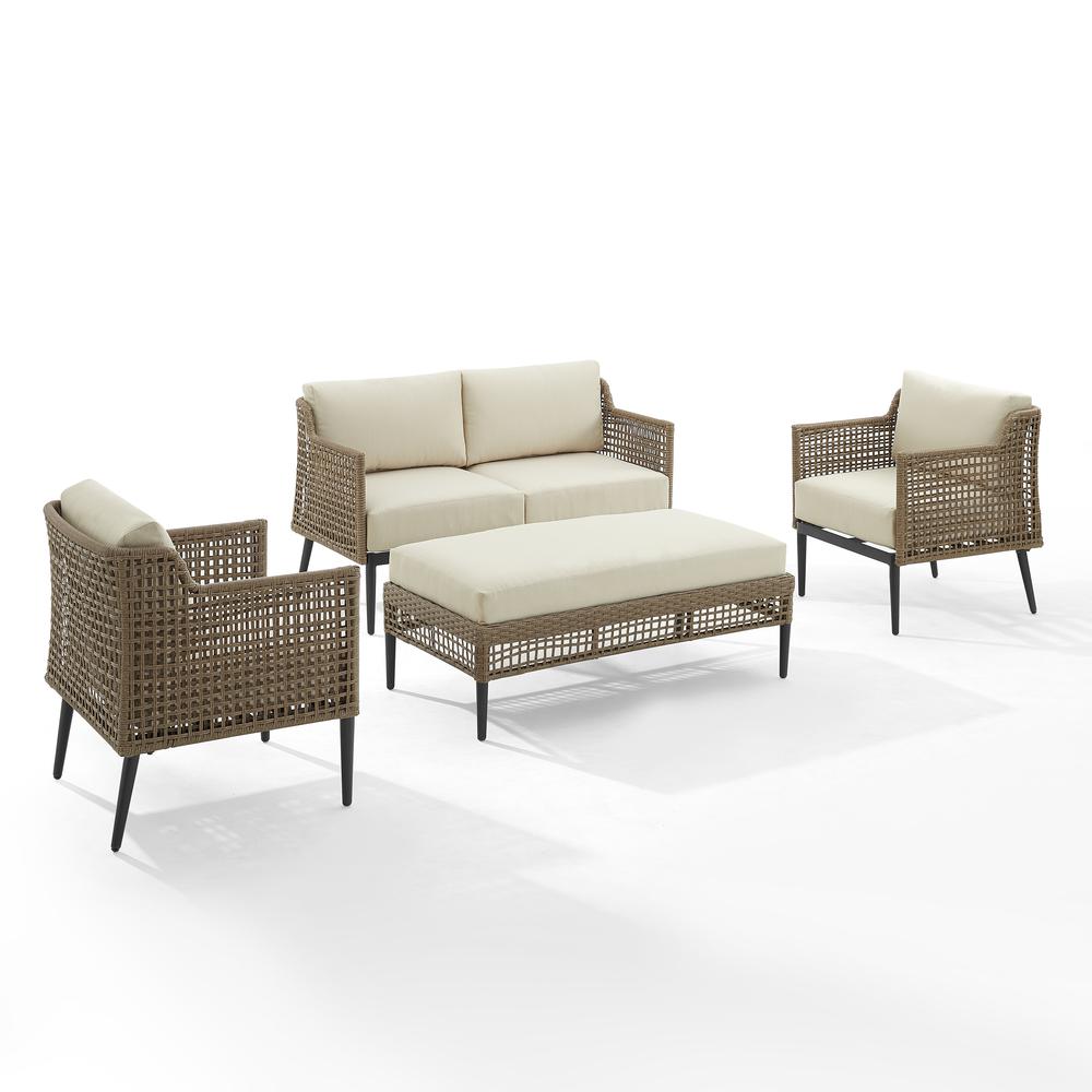 Southwick 4Pc Outdoor Wicker Conversation Set Creme/ Light Brown - Loveseat, Coffee Table Ottoman, & 2 Armchairs. Picture 11