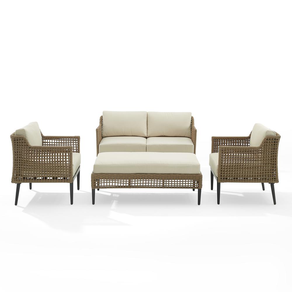 Southwick 4Pc Outdoor Wicker Conversation Set Creme/ Light Brown - Loveseat, Coffee Table Ottoman, & 2 Armchairs. Picture 7