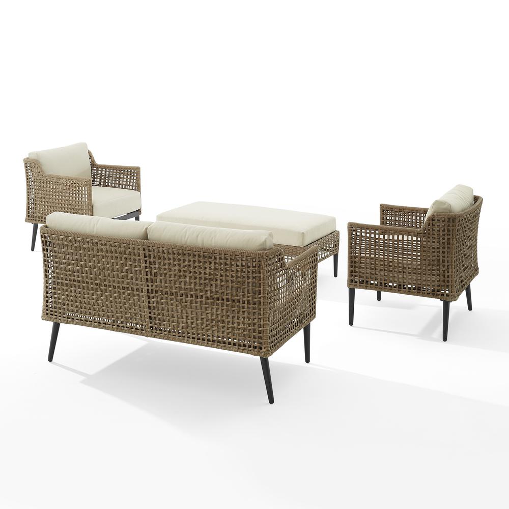 Southwick 4Pc Outdoor Wicker Conversation Set Creme/ Light Brown - Loveseat, Coffee Table Ottoman, & 2 Armchairs. Picture 17