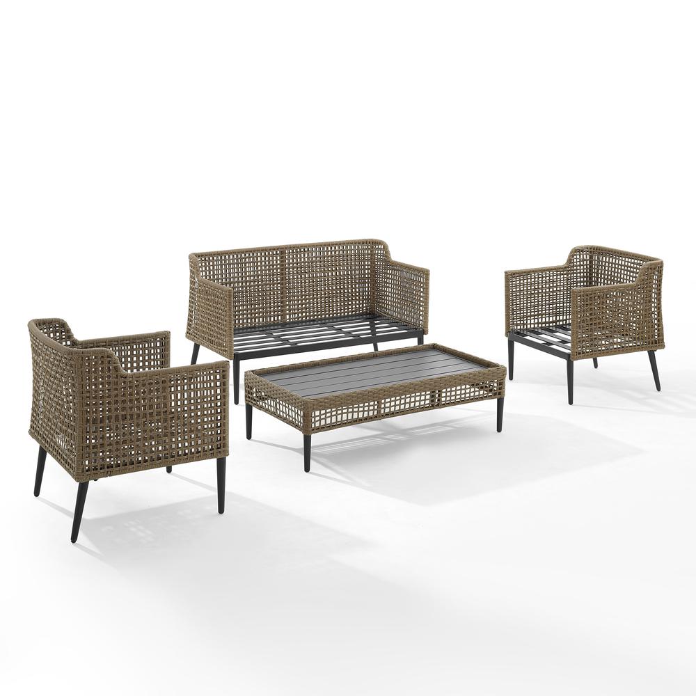 Southwick 4Pc Outdoor Wicker Conversation Set Creme/ Light Brown - Loveseat, Coffee Table Ottoman, & 2 Armchairs. Picture 1