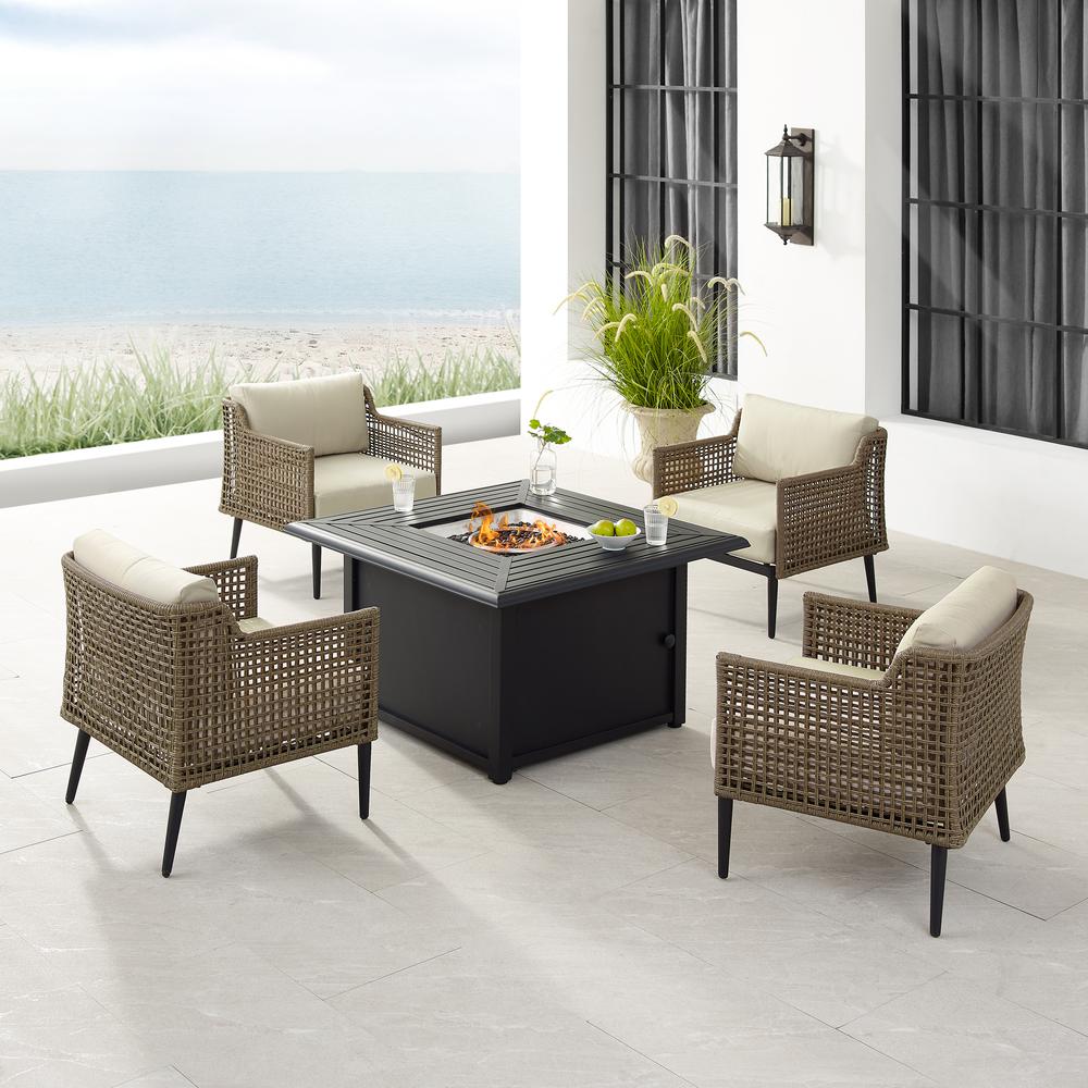 Southwick 5Pc Outdoor Wicker Conversation Set W/Fire Table Creme/Light Brown - Dante Fire Table & 4 Armchairs. Picture 6