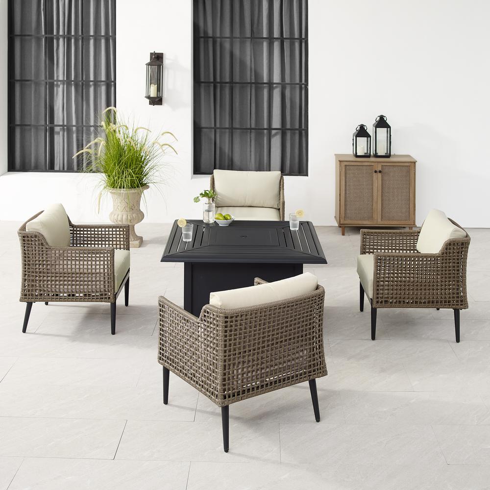 Southwick 5Pc Outdoor Wicker Conversation Set W/Fire Table Creme/Light Brown - Dante Fire Table & 4 Armchairs. Picture 10