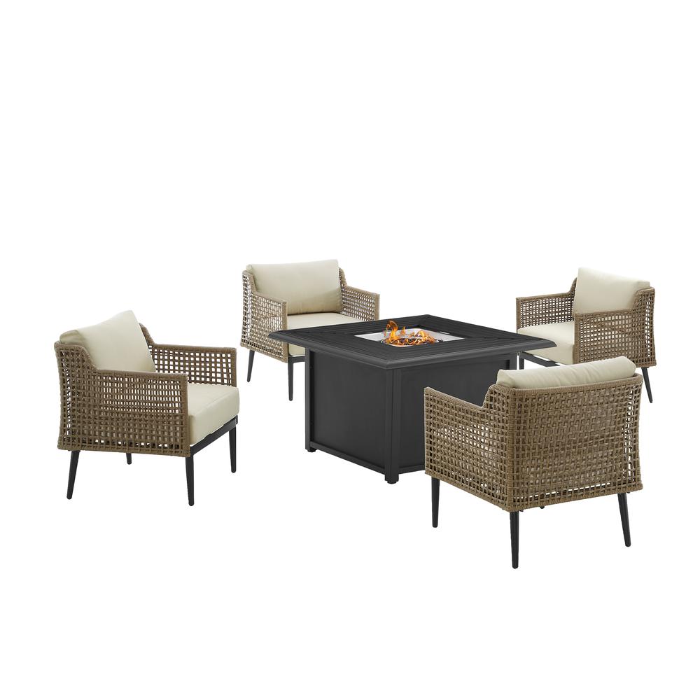 Southwick 5Pc Outdoor Wicker Conversation Set W/Fire Table Creme/Light Brown - Dante Fire Table & 4 Armchairs. Picture 1