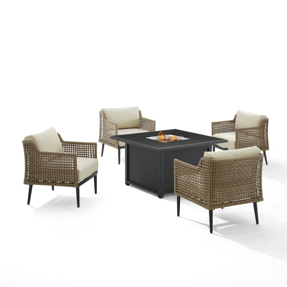 Southwick 5Pc Outdoor Wicker Conversation Set W/Fire Table Creme/Light Brown - Dante Fire Table & 4 Armchairs. Picture 9
