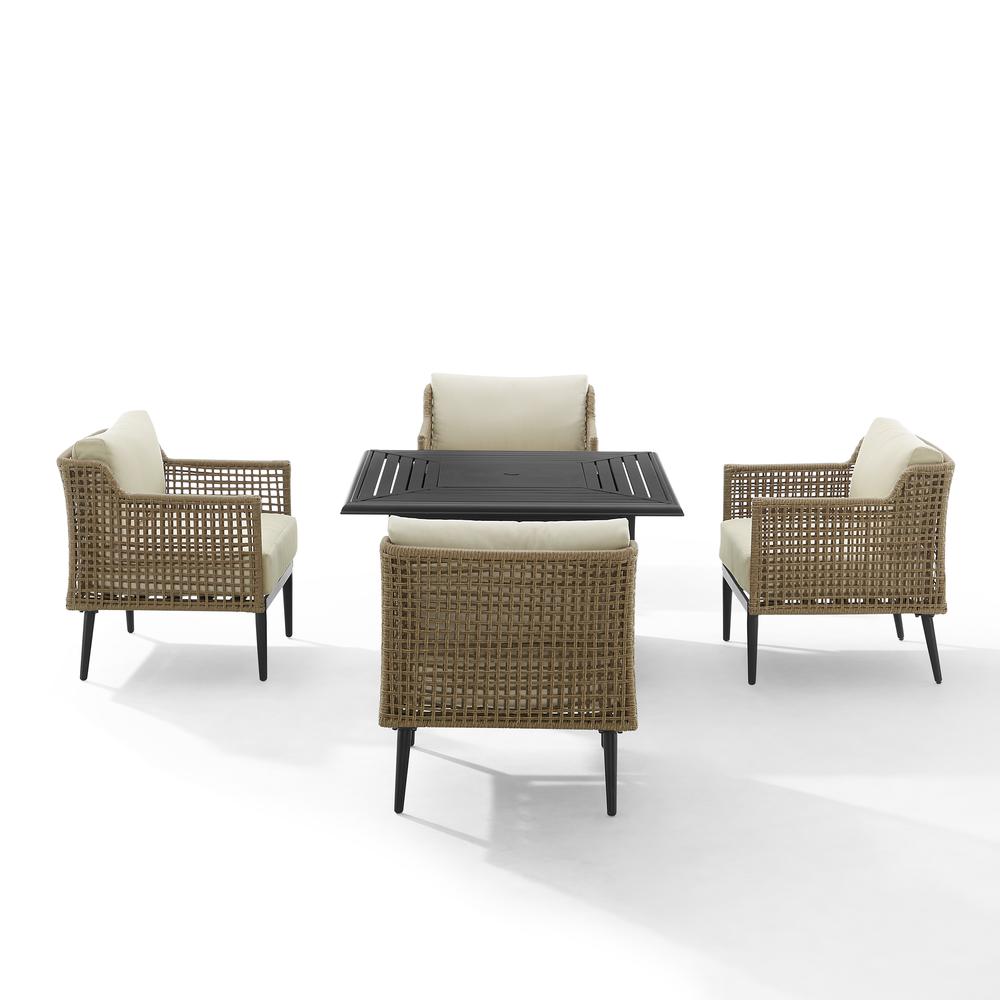Southwick 5Pc Outdoor Wicker Conversation Set W/Fire Table Creme/Light Brown - Dante Fire Table & 4 Armchairs. Picture 8