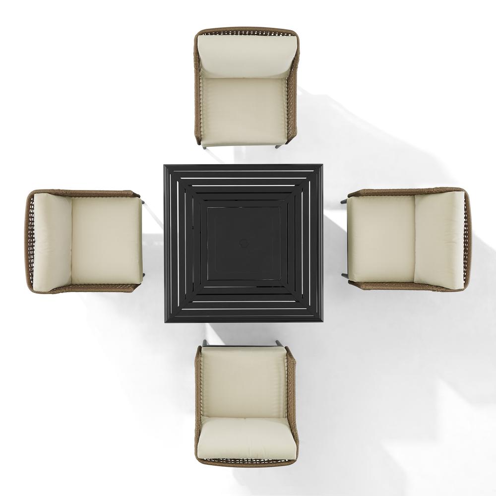 Southwick 5Pc Outdoor Wicker Conversation Set W/Fire Table Creme/Light Brown - Dante Fire Table & 4 Armchairs. Picture 13