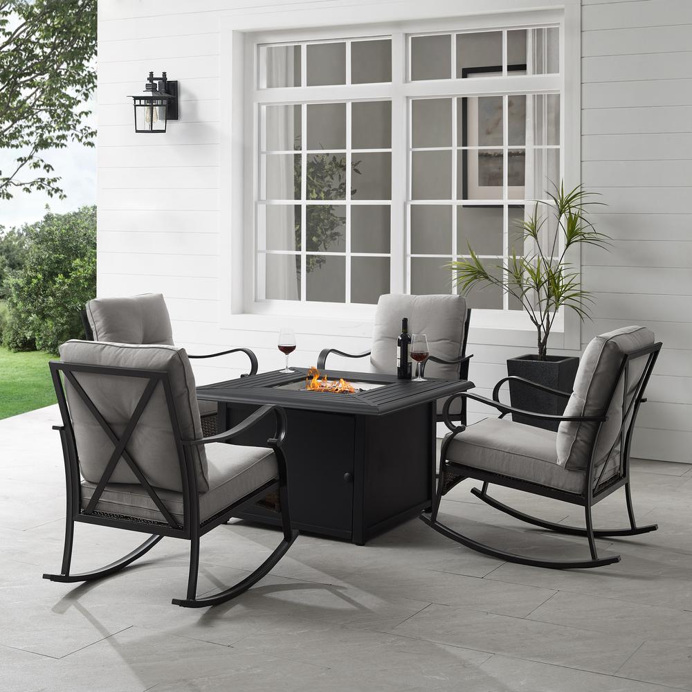 Dahlia 5Pc Outdoor Metal Conversation Set W/ Fire Table Taupe/Matte Black - Dante Fire Table & 4 Rocking Chairs. Picture 2