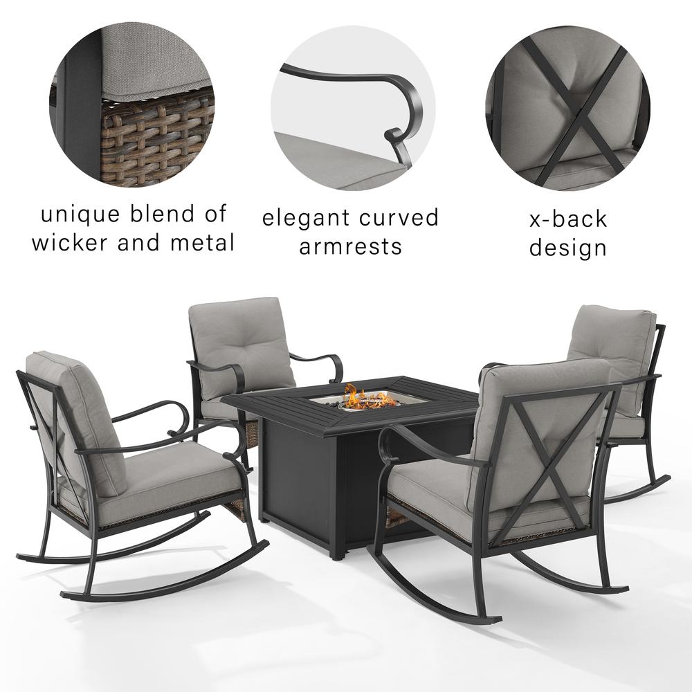 Dahlia 5Pc Outdoor Metal Conversation Set W/ Fire Table Taupe/Matte Black - Dante Fire Table & 4 Rocking Chairs. Picture 4