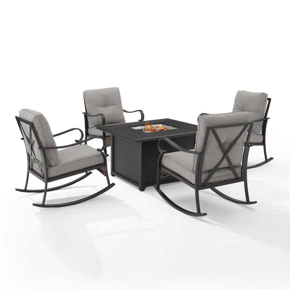 Dahlia 5Pc Outdoor Metal Conversation Set W/ Fire Table Taupe/Matte Black - Dante Fire Table & 4 Rocking Chairs. Picture 1