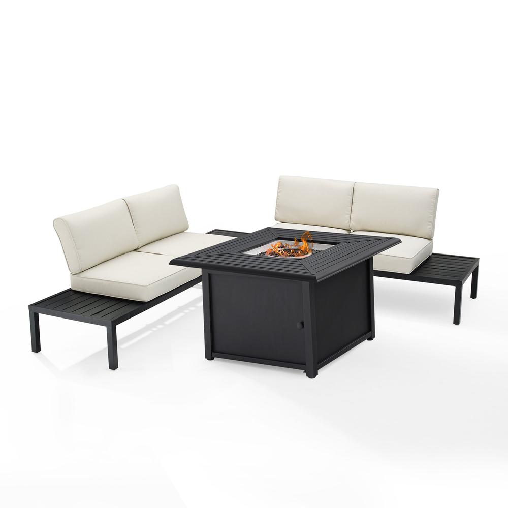 Piermont 4Pc Outdoor Metal Sectional Set W/Fire Table Creme/Matte Black - Left Side Loveseat, Right Side Loveseat, Corner Side Table, & Dante Fire Table. Picture 1