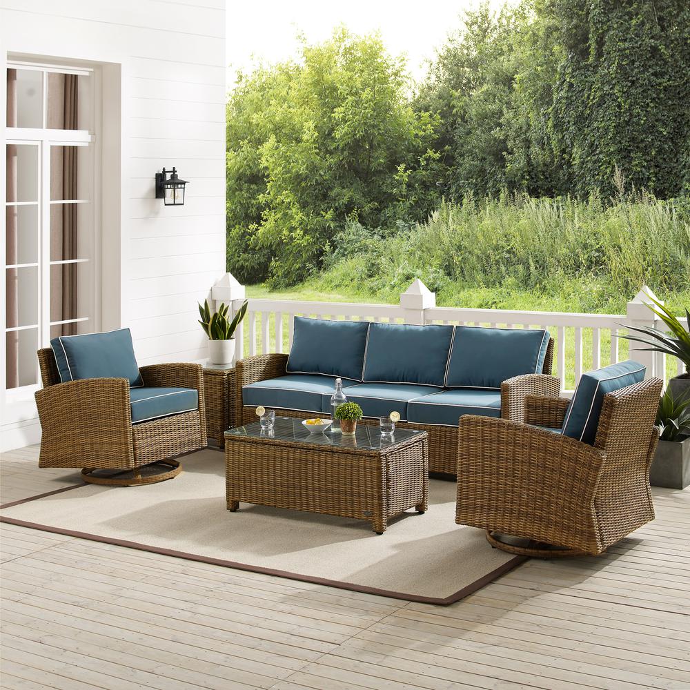 Bradenton 5Pc Swivel Rocker And Sofa Set Navy/Weathered Brown - Sofa, Coffee Table, Side Table, & 2 Swivel Rockers. Picture 2