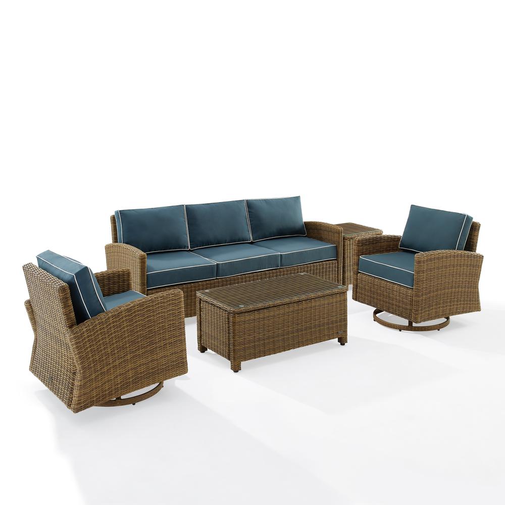Bradenton 5Pc Swivel Rocker And Sofa Set Navy/Weathered Brown - Sofa, Coffee Table, Side Table, & 2 Swivel Rockers. Picture 1