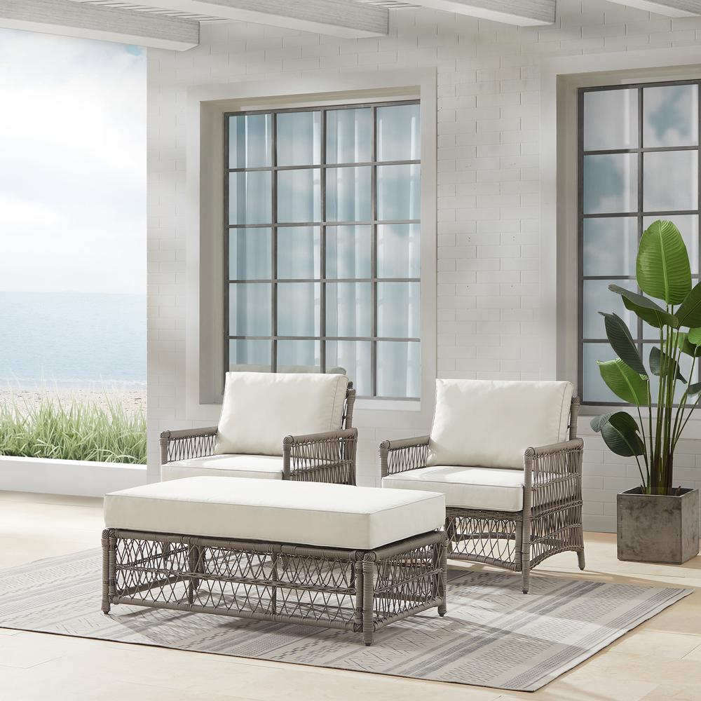 Thatcher 3Pc Outdoor Wicker Armchair And Ottoman Set Creme/Driftwood - Coffee Table Ottoman & 2 Armchairs. Picture 1