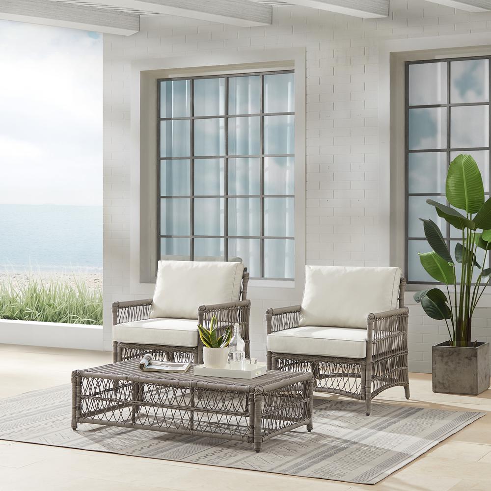 Thatcher 3Pc Outdoor Wicker Armchair And Ottoman Set Creme/Driftwood - Coffee Table Ottoman & 2 Armchairs. Picture 3