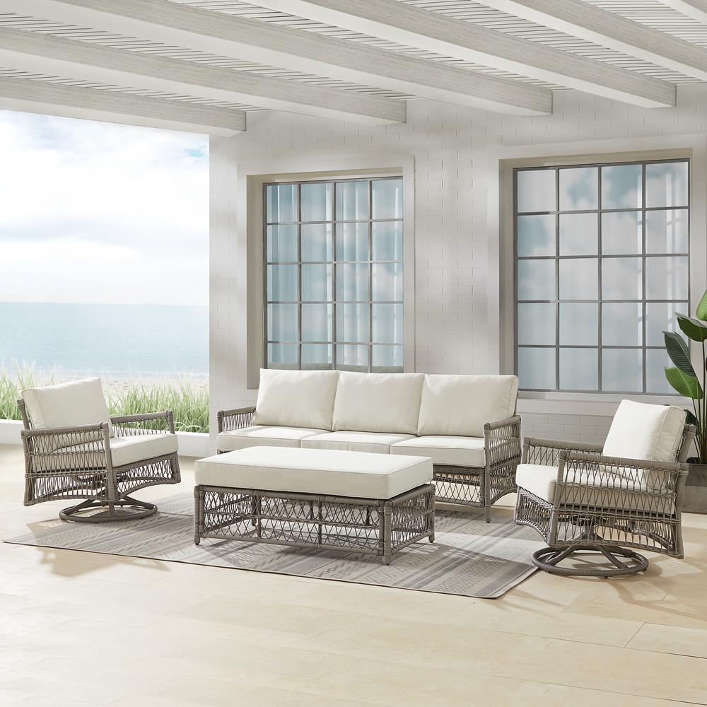 Thatcher 4Pc Outdoor Wicker Swivel Rocker And Sofa Set Creme/Driftwood - Coffee Table Ottoman, Sofa, & 2 Swivel Rockers. Picture 1