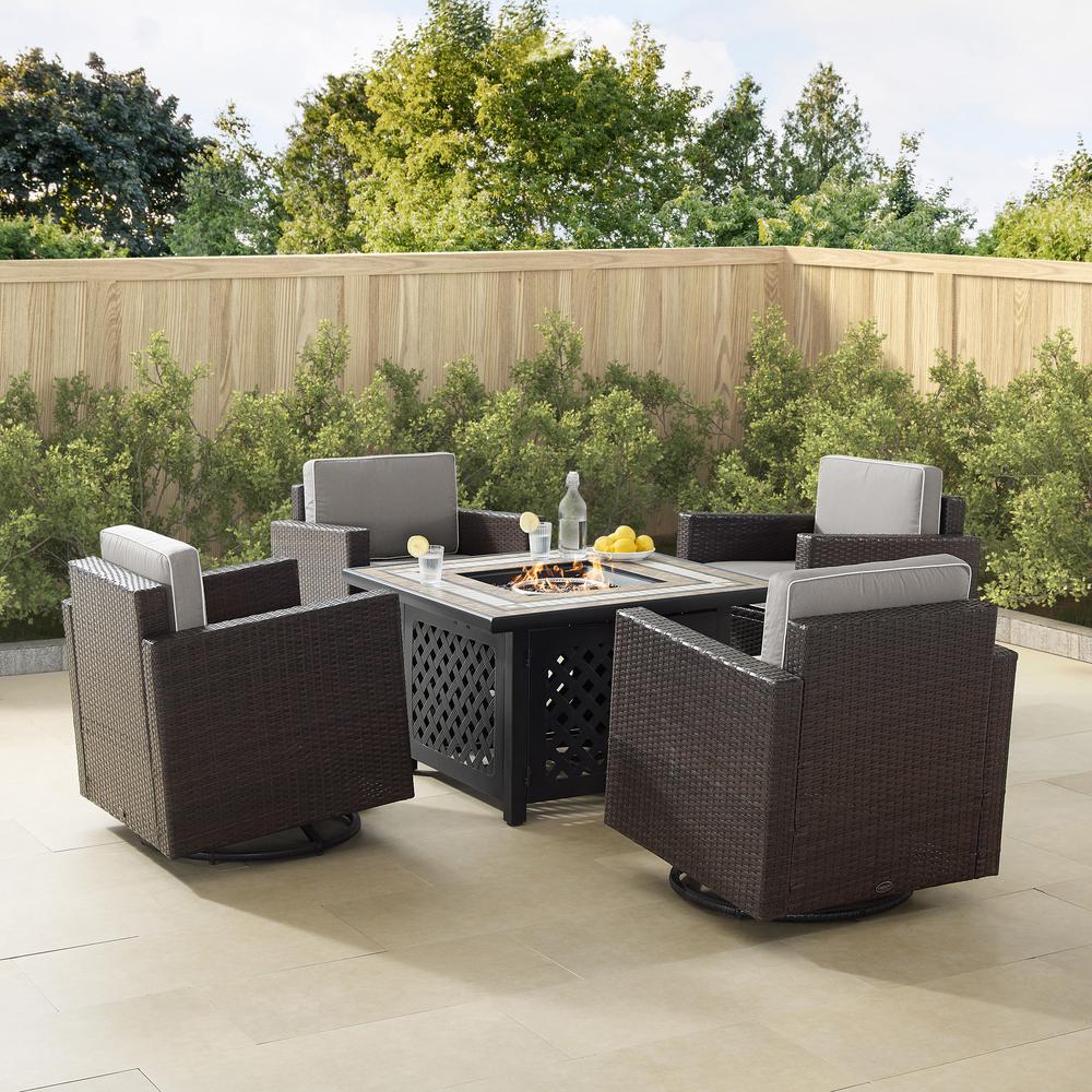 Palm Harbor 5Pc Outdoor Wicker Conversation Set W/Fire Table Gray/Brown - Tucson Fire Table & 4 Swivel Rocking Chairs. Picture 10
