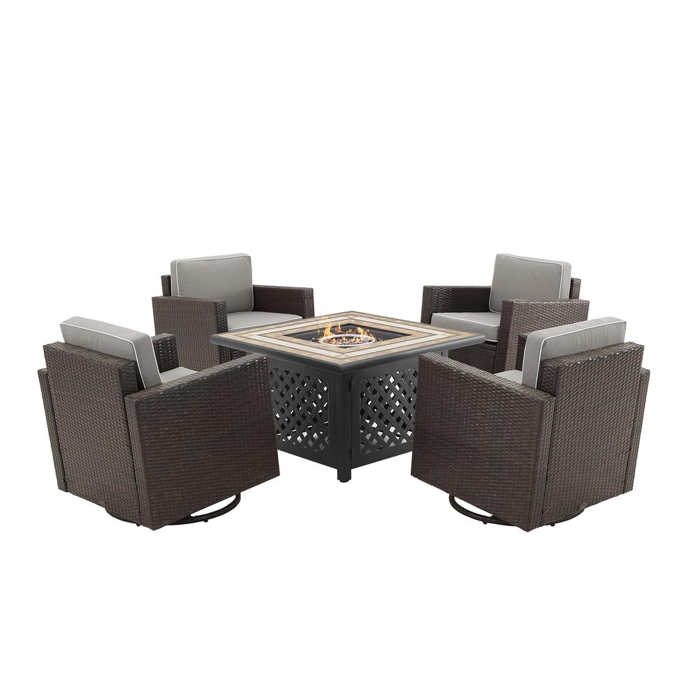 Palm Harbor 5Pc Outdoor Wicker Conversation Set W/Fire Table Gray/Brown - Tucson Fire Table & 4 Swivel Rocking Chairs. Picture 1