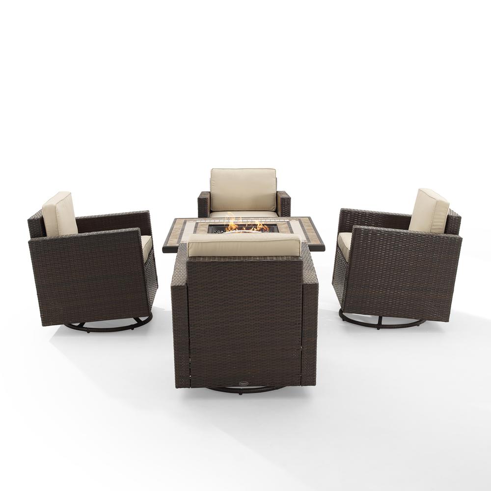 Palm Harbor 5Pc Outdoor Wicker Conversation Set W/Fire Table Sand/Brown - Tucson Fire Table & 4 Swivel Rocking Chairs. Picture 7