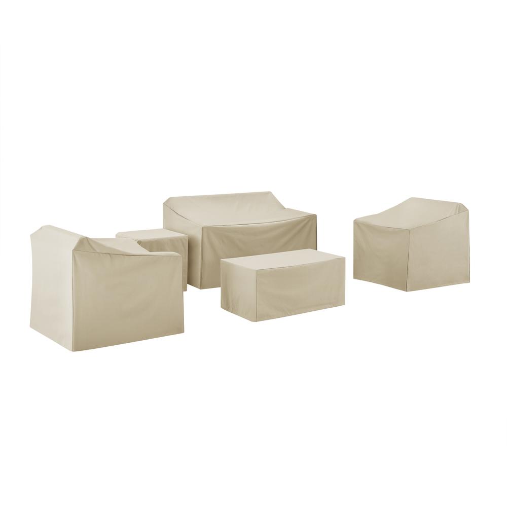5Pc Furniture Cover Set Tan - Loveseat, Two Arm Chairs, End Table, Rectangle Table. Picture 1