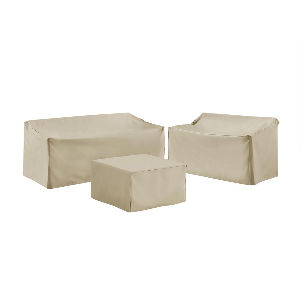 3Pc Sectional Cover Set Tan - Loveseat, Sofa, Square Table/Ottoman. Picture 1