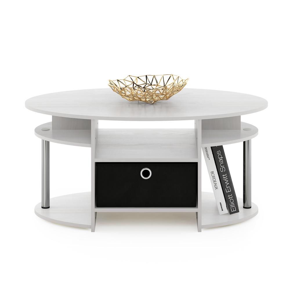 Furinno JAYA Simple Design Oval Coffee Table with Bin, White Oak, Stainless Steel Tubes. Picture 5