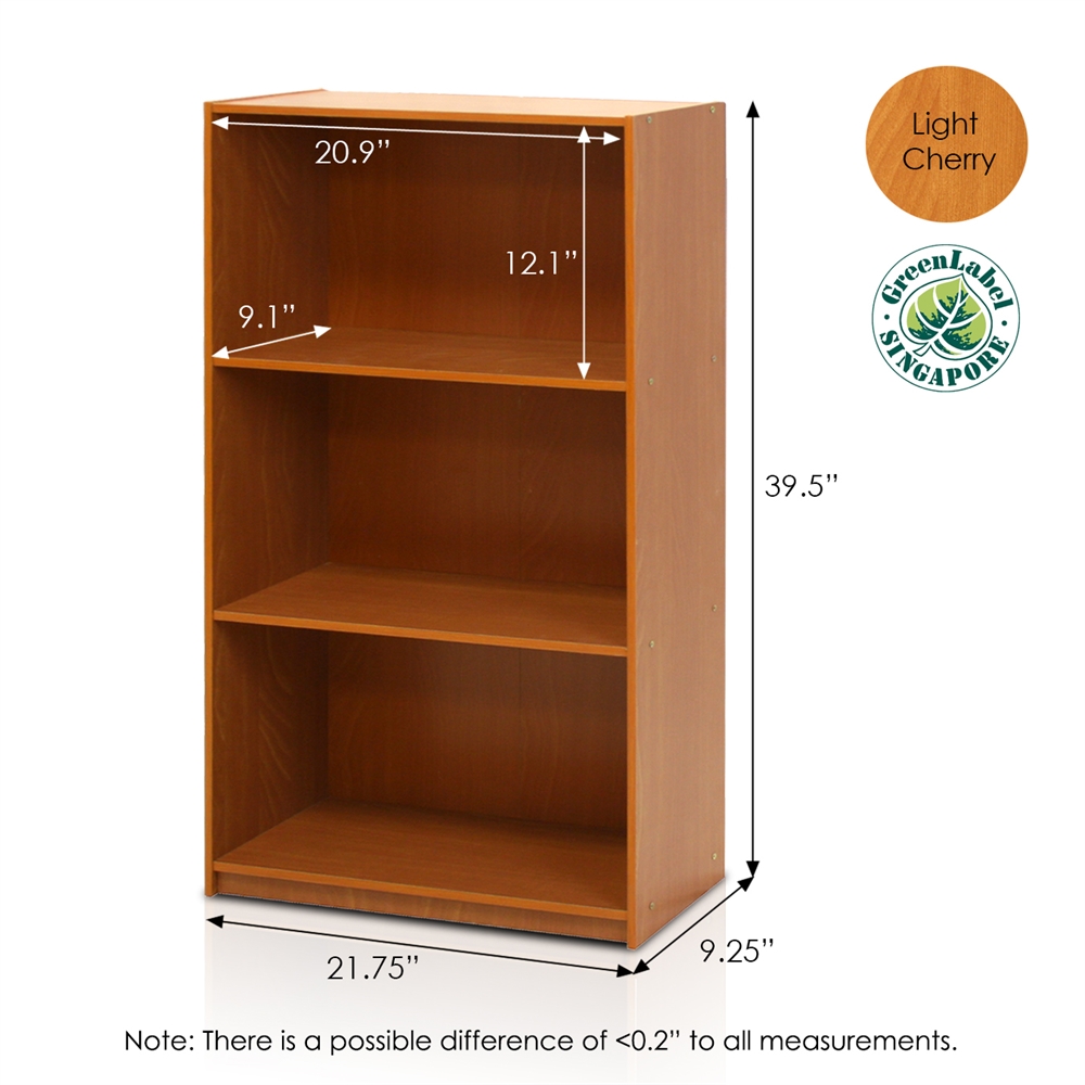 Basic 3-Tier Bookcase Storage Shelves, Light Cherry. Picture 2
