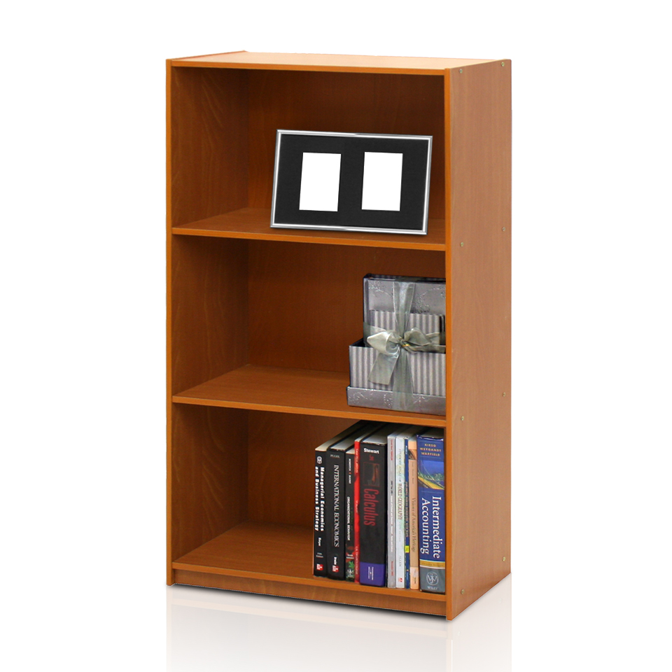 Basic 3-Tier Bookcase Storage Shelves, Light Cherry. Picture 3