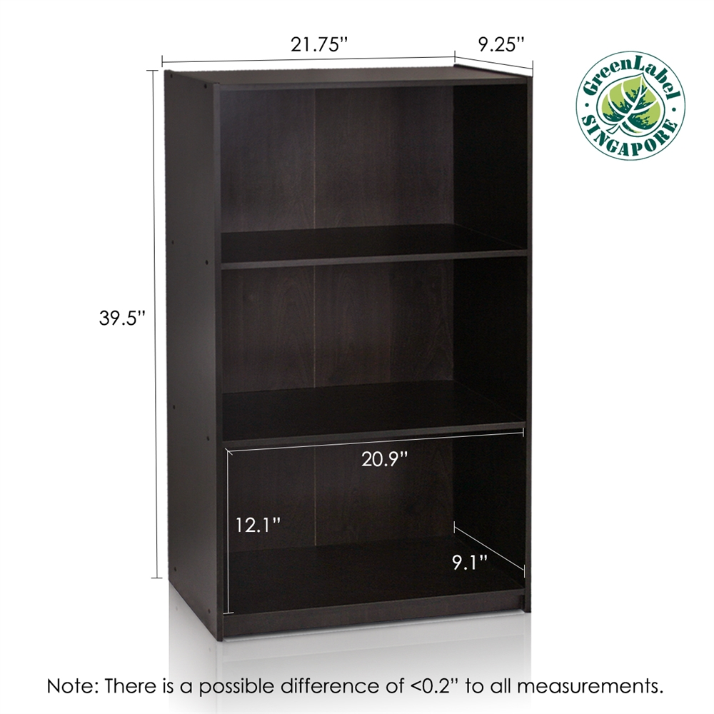 Basic 3-Tier Bookcase Storage Shelves, Espresso. Picture 2