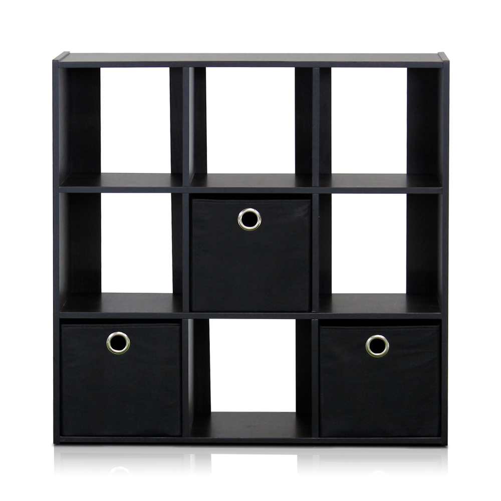Simplistic 9-Cube Organizer with Bins, Espresso/Black. Picture 1