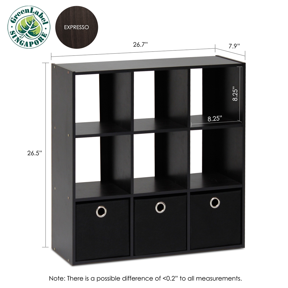 Simplistic 9-Cube Organizer with Bins, Espresso/Black. Picture 2