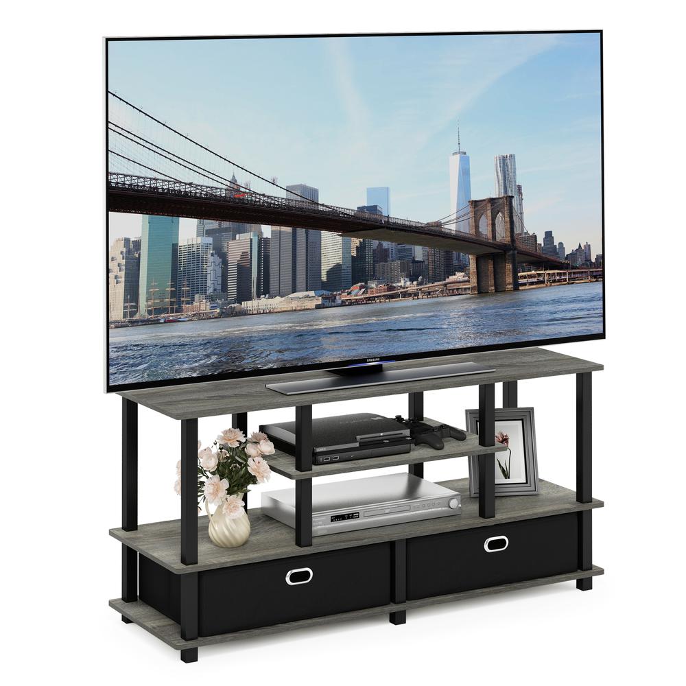 Furinno JAYA Large TV Stand for up to 50-Inch TV with Storage Bin, French Oak Grey/Black. Picture 4