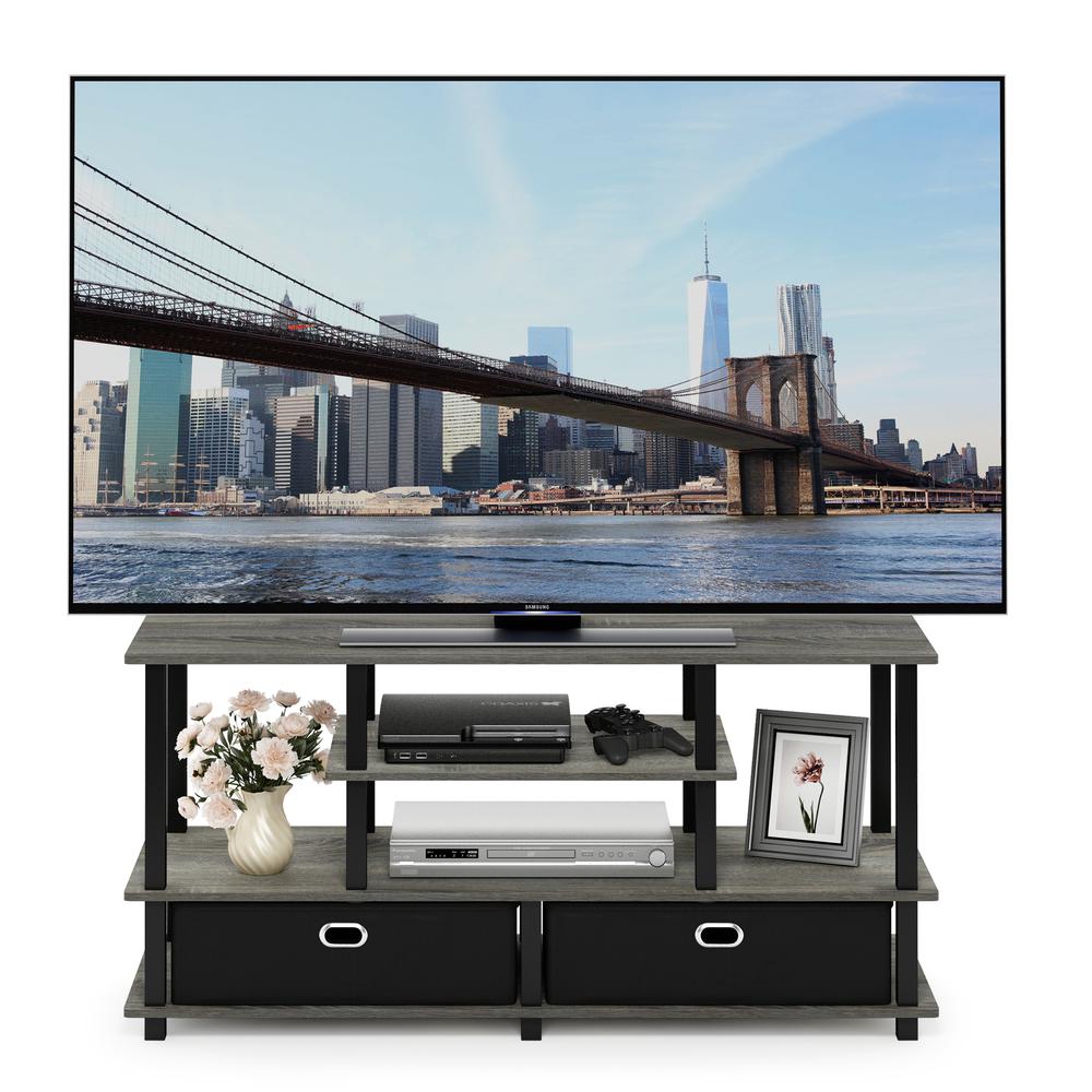 Furinno JAYA Large TV Stand for up to 50-Inch TV with Storage Bin, French Oak Grey/Black. Picture 5