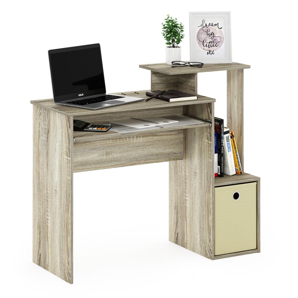 Furinno Econ Multipurpose Home Office Computer Writing Desk w/Bin, Sonoma Oak/Ivory. Picture 4