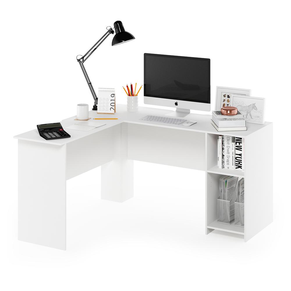 Furinno Indo L-Shaped Desk with Bookshelves, White. Picture 5