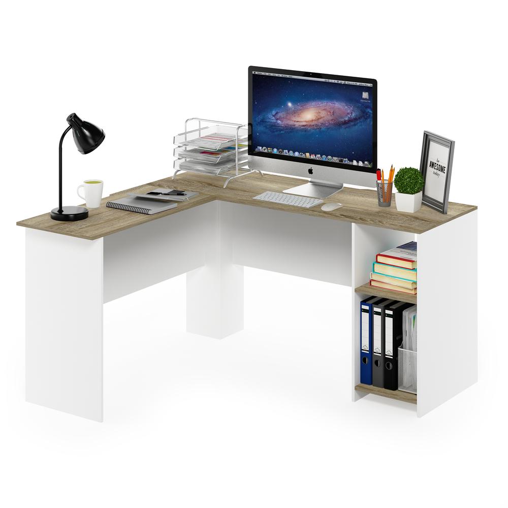 Furinno Indo L Shaped Desk With Bookshelves Sonoma Oak White