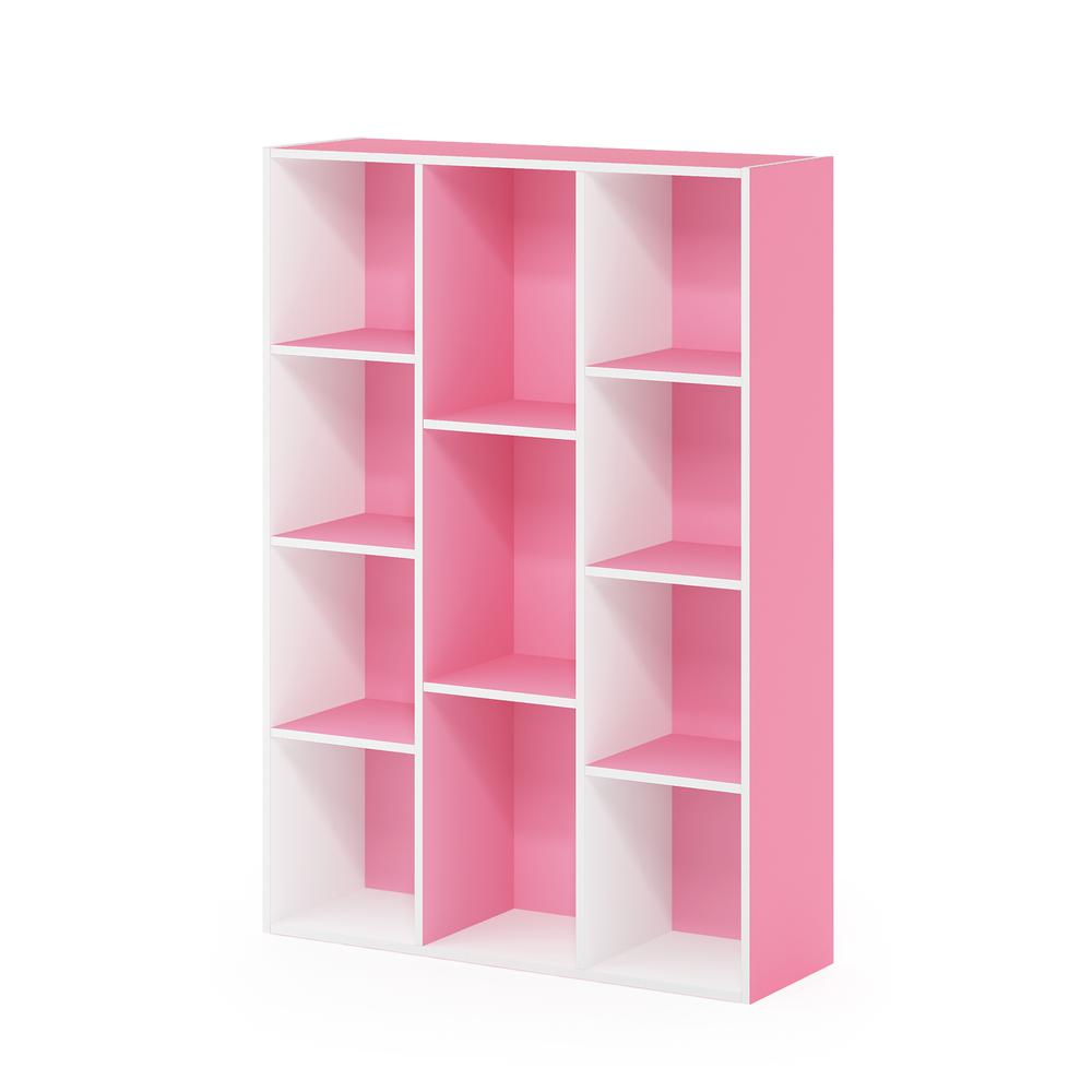 Furinno 11-Cube Reversible Open Shelf Bookcase, White/Pink. Picture 1