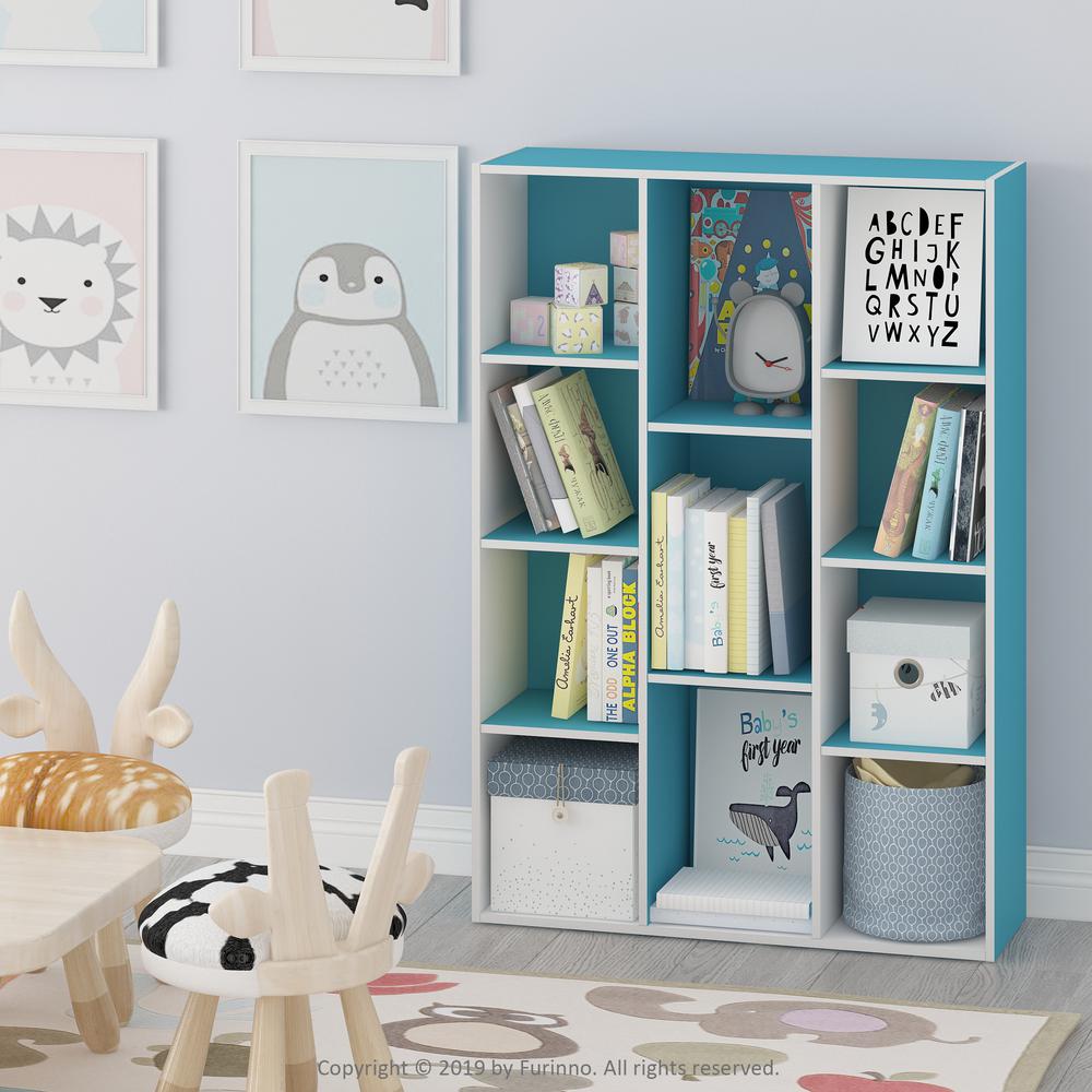 Furinno 11-Cube Reversible Open Shelf Bookcase, White/Light Blue. Picture 6