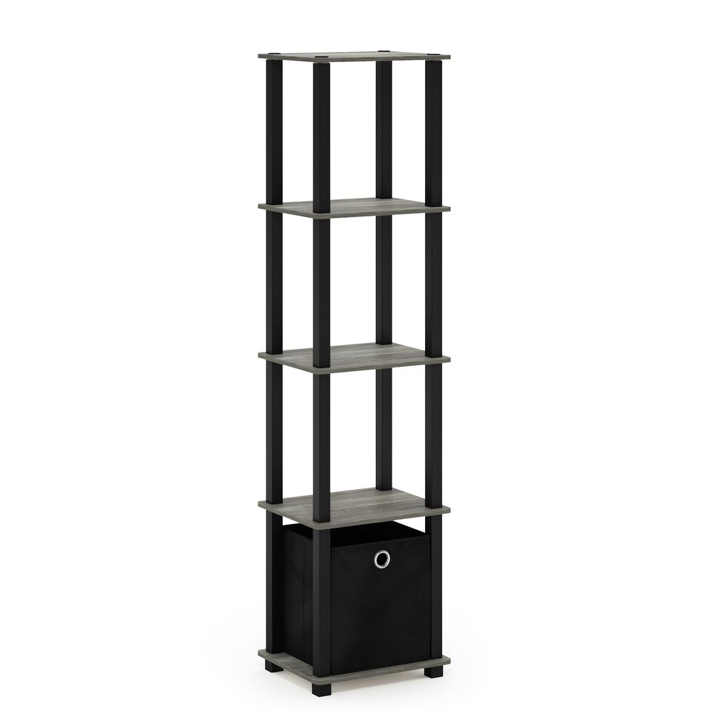 Furinno TNT No Tools 5-Tier Display Decorative Shelf with One Bin, French Oak Grey/Black/Black. Picture 1