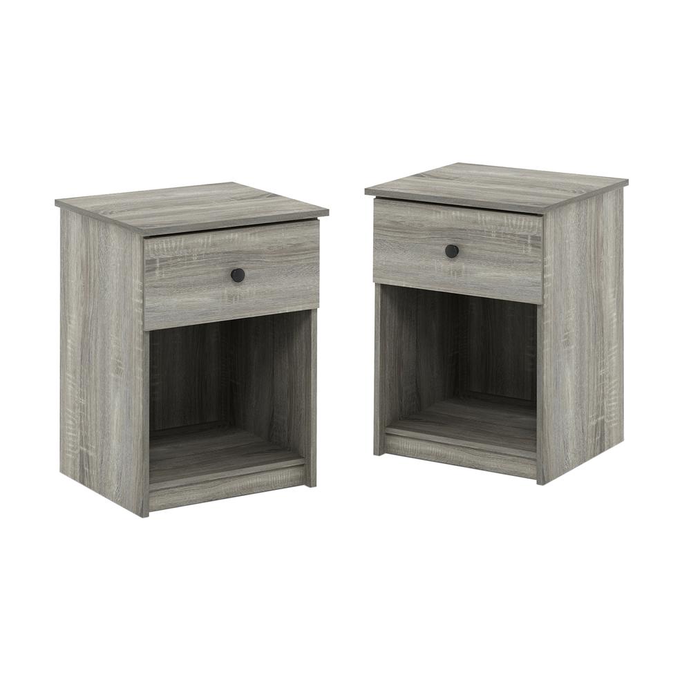 Furinno Lucca Nightstand with One Drawer, Set of 2, French Oak Grey. Picture 1