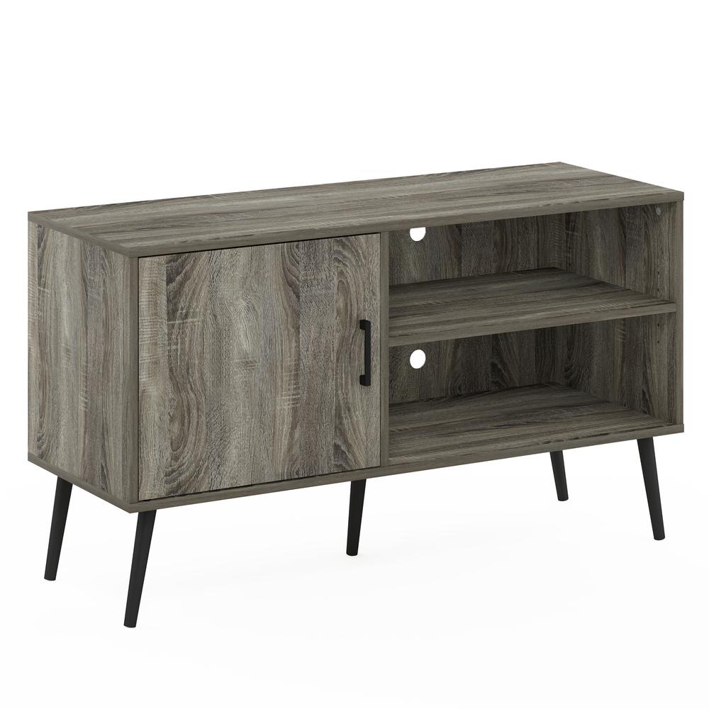 Furinno Claude Mid Century Style TV Stand with Wood Legs, One Cabinet Two Shelves, French Oak Grey. Picture 1